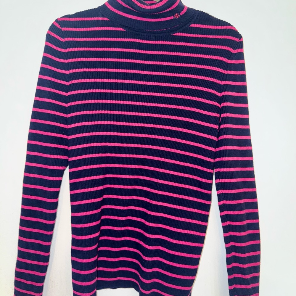 Vintage Ralph Lauren Navy&Pink Turtleneck Large 100% Cotton Long Sleeve